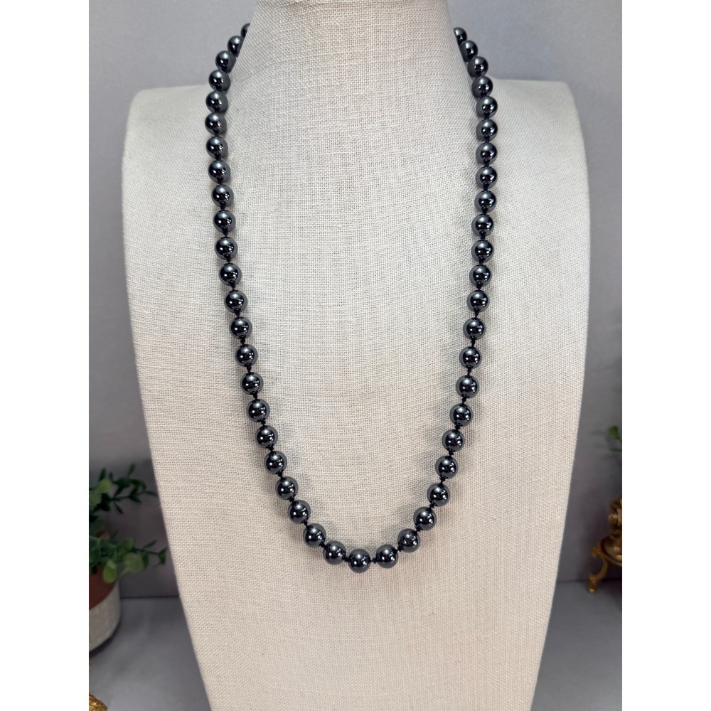Graduated Hematite Bead Necklace Magnetic Clasp Gunmetal Gray Statement 26"
